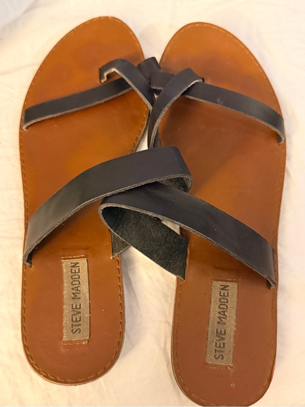 Steve Madden Brown Footbed Black Leather Cross-Strap Sandals